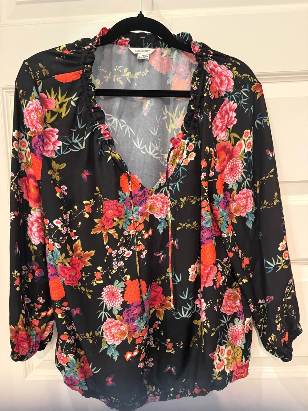 Black Floral V-Neck Ruffle Blouse - Bright Pink & Red Flowers